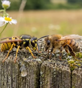 avispa y abeja sobre madera control de bichos