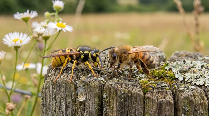 avispa y abeja sobre madera control de bichos