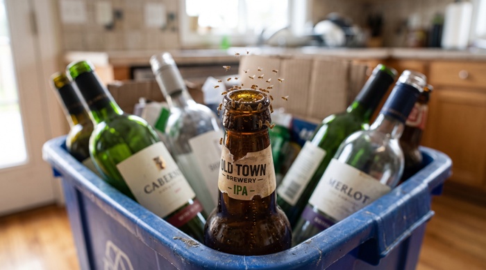 Mosca de la fruta en botella de reciclaje