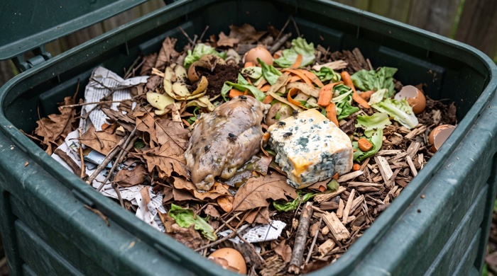 Carne en descomposicon en cubo de basura