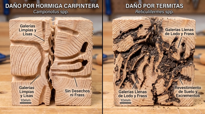 Comparacion de daño entre hormiga carpintera y termitas
