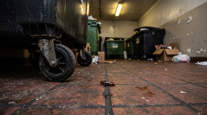 Cucaracha en piso cerca de contenedores de basura