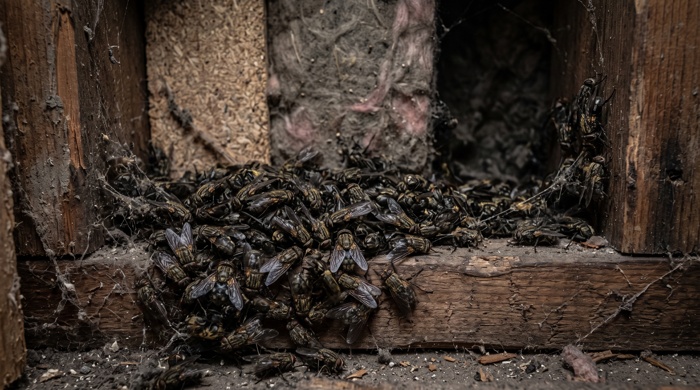 Grupo de moscas hibernando en una pared