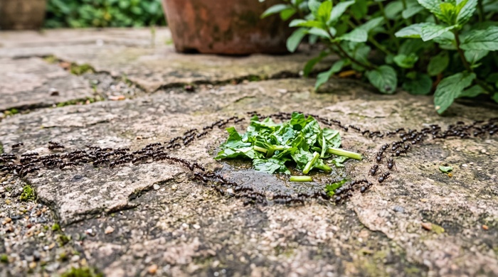 hormigas evitando hojas de planta de menta y hierbabuena