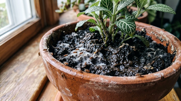 Mosca de la fruta en sustrato de planta