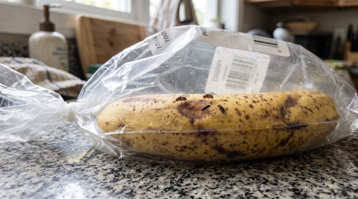 mosca de la fruta volando sobre banan en bolsa de compra