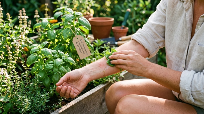 Persona frontandose albahaca en el brazo