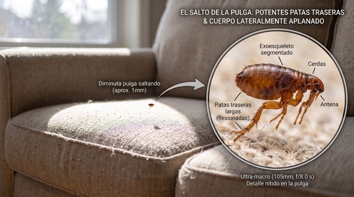 Pulga saltando en sofa